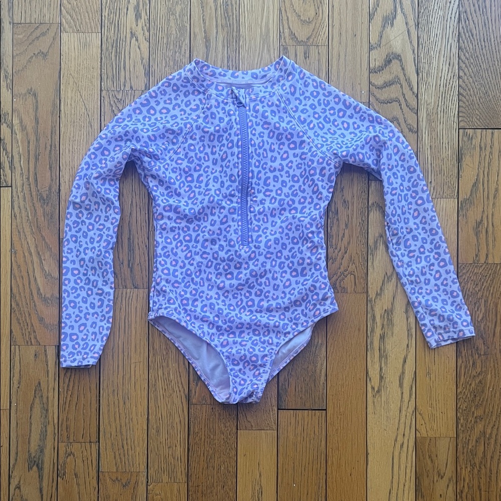 wonder nation Lavender Leopard Zip-Front Long Sleeve Swim One-Piece